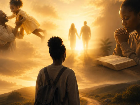 A symbolic composite illustration of a young African woman standing on a winding path while reflecting on joyful childhood memories with her parents, watching their fading silhouettes walk into the light, and finding comfort in prayer beside an open Bible and candle. The image represents grief, faith, healing, hope, and personal transformation after losing both parents.