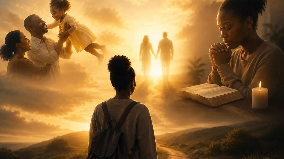 A symbolic composite illustration of a young African woman standing on a winding path while reflecting on joyful childhood memories with her parents, watching their fading silhouettes walk into the light, and finding comfort in prayer beside an open Bible and candle. The image represents grief, faith, healing, hope, and personal transformation after losing both parents.