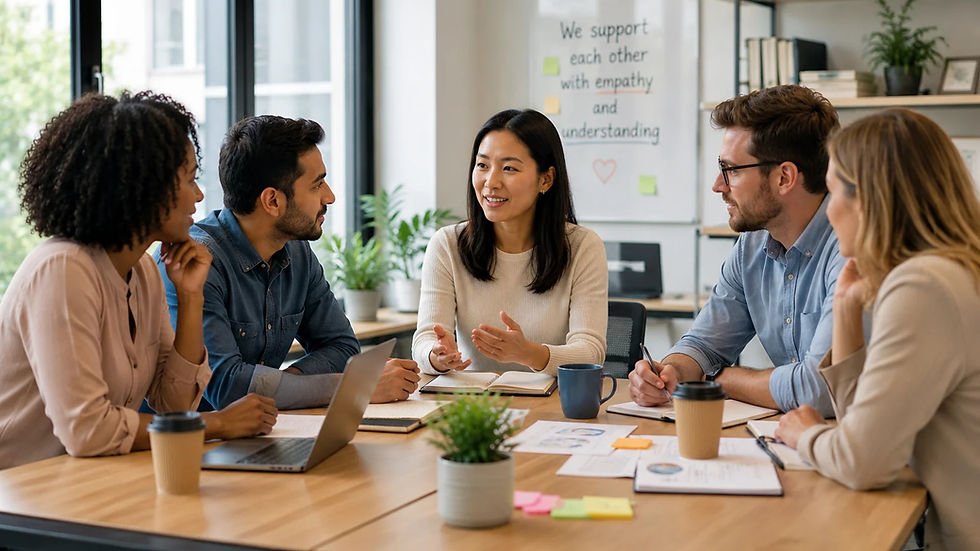 Diverse team having a supportive workplace discussion in a modern office