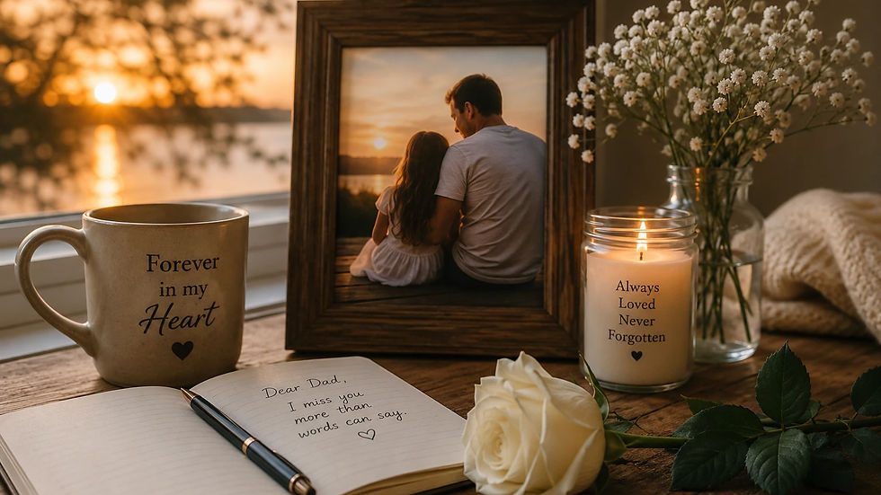 Father's Day remembrance display with a framed father and daughter photo, white rose, candle, and journal reflecting love, loss, and cherished memories.