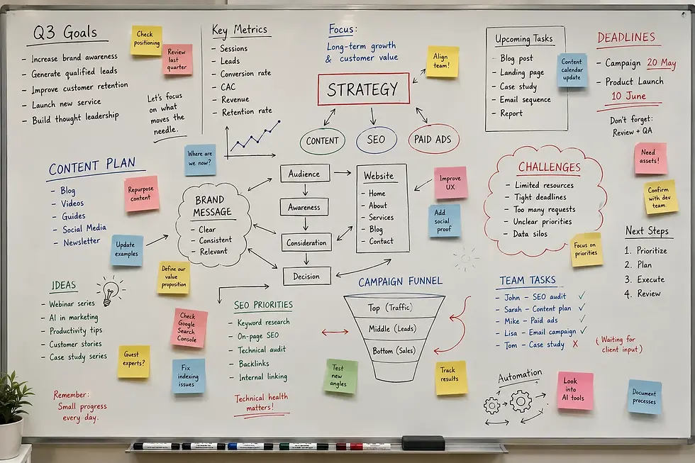 An eye-level view of a cluttered strategic planning whiteboard filled with handwritten notes, sticky notes, diagrams, SEO priorities, marketing plans, business systems, team tasks, and AI strategy concepts.