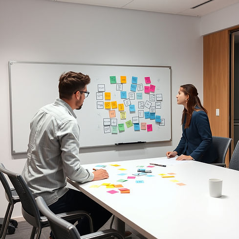 2 people in meeting room drawing on a whiteboard, cards of different colors, a tech scene.