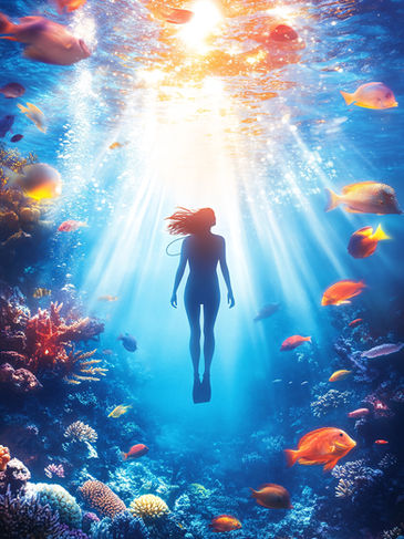 Human Underwater with Fish