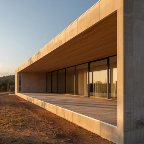 Casa contemporânea em Portugal com estrutura de betão e acabamentos em madeira, representando arquitetura moderna e sustentável.