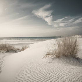 white sand beach with the ocean in the background. Dry tall grass is blowing in the wind.