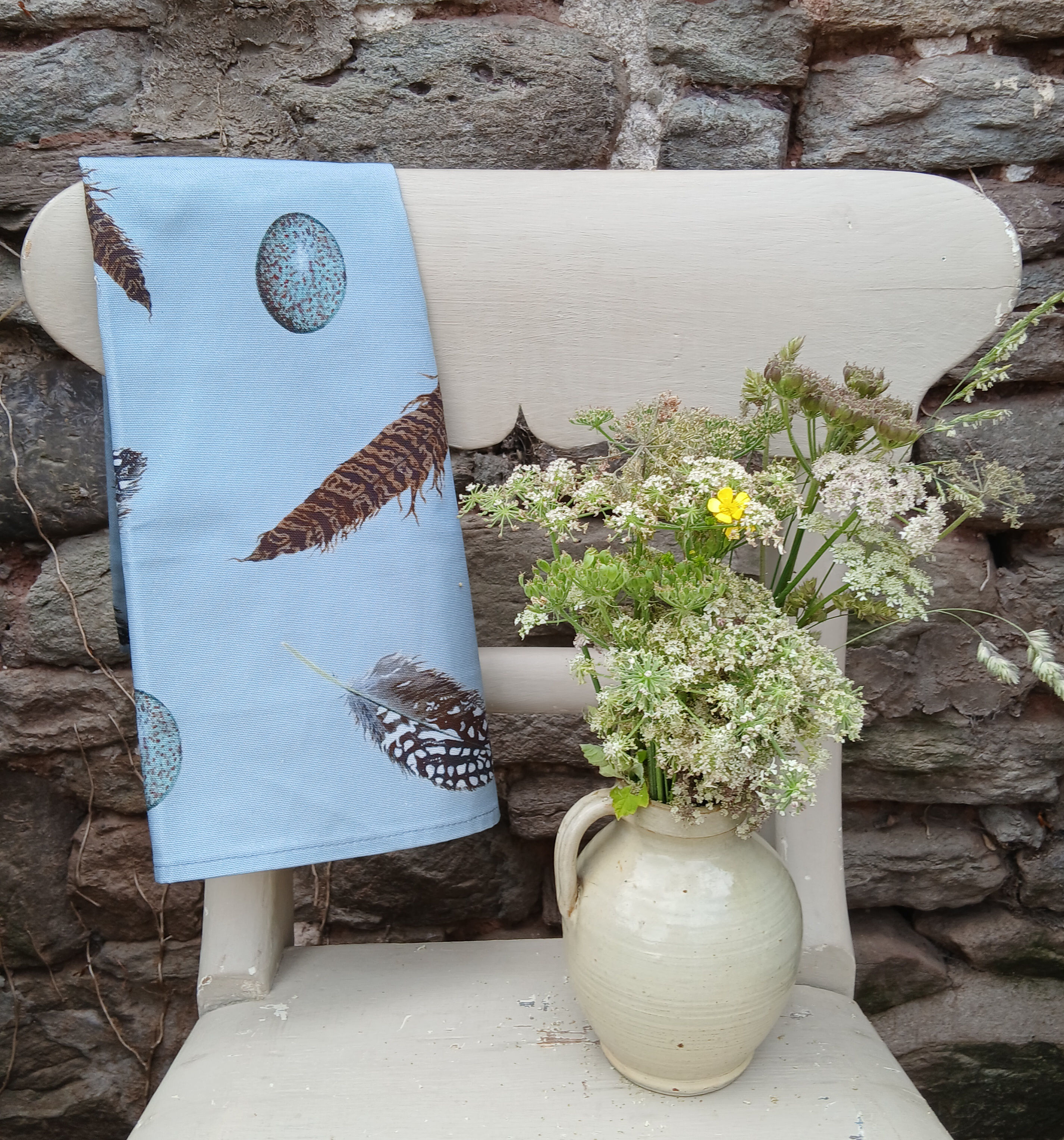 Cotton Tea Towel in Feathers & Eggs