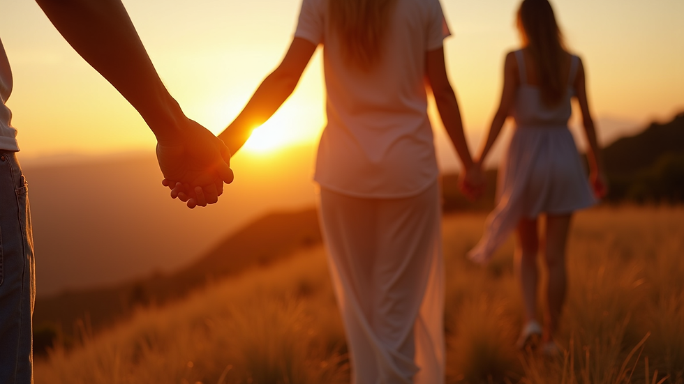 Close-up view of a couple holding hands during a sunset walk on a retreat