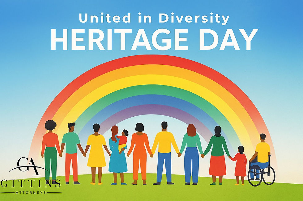 People of diverse backgrounds hold hands under a rainbow, celebrating Heritage Day. Text: "United in Diversity, HERITAGE DAY." Bright, joyful scene.