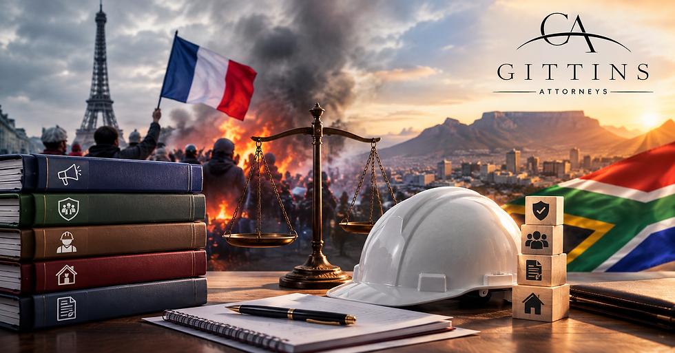 Legal collage with Eiffel Tower protests, South African flag, scales, hard hat, books, and CA GITTINS ATTORNEYS logo.