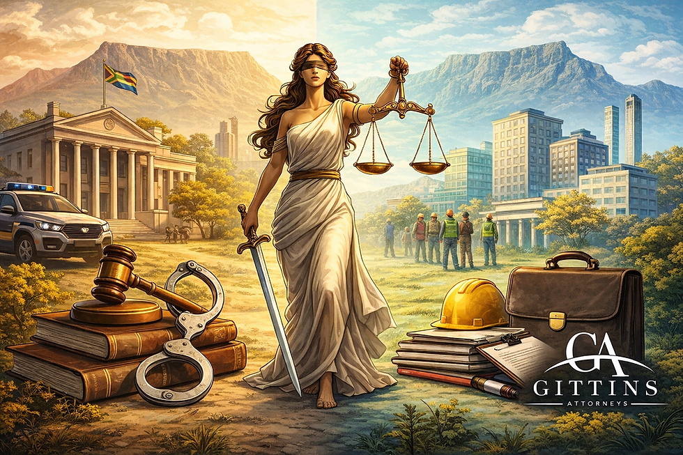 Lady Justice holds scales and sword, standing between courthouse and cityscape. Books, gavel, handcuffs, and hard hat in foreground.