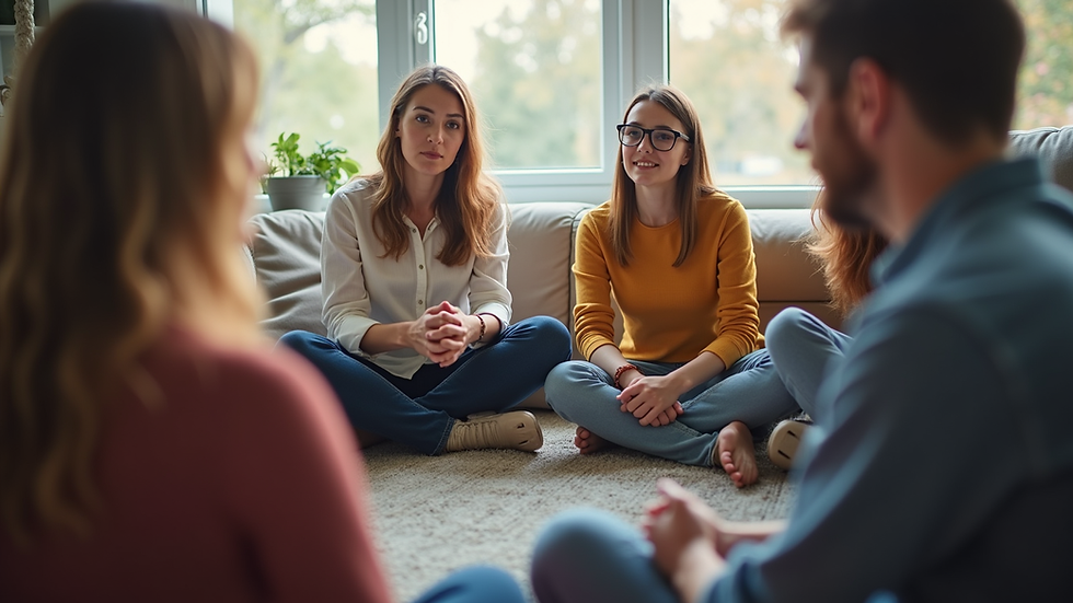 Close-up view of a group of parents sitting in a circle during a discussion