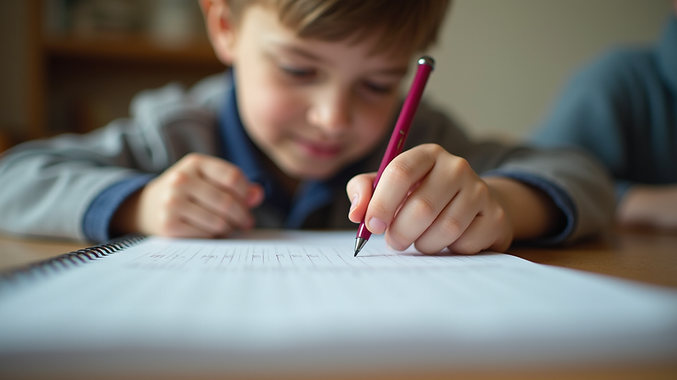 Eye-level view of a child writing in a notebook during a learning session