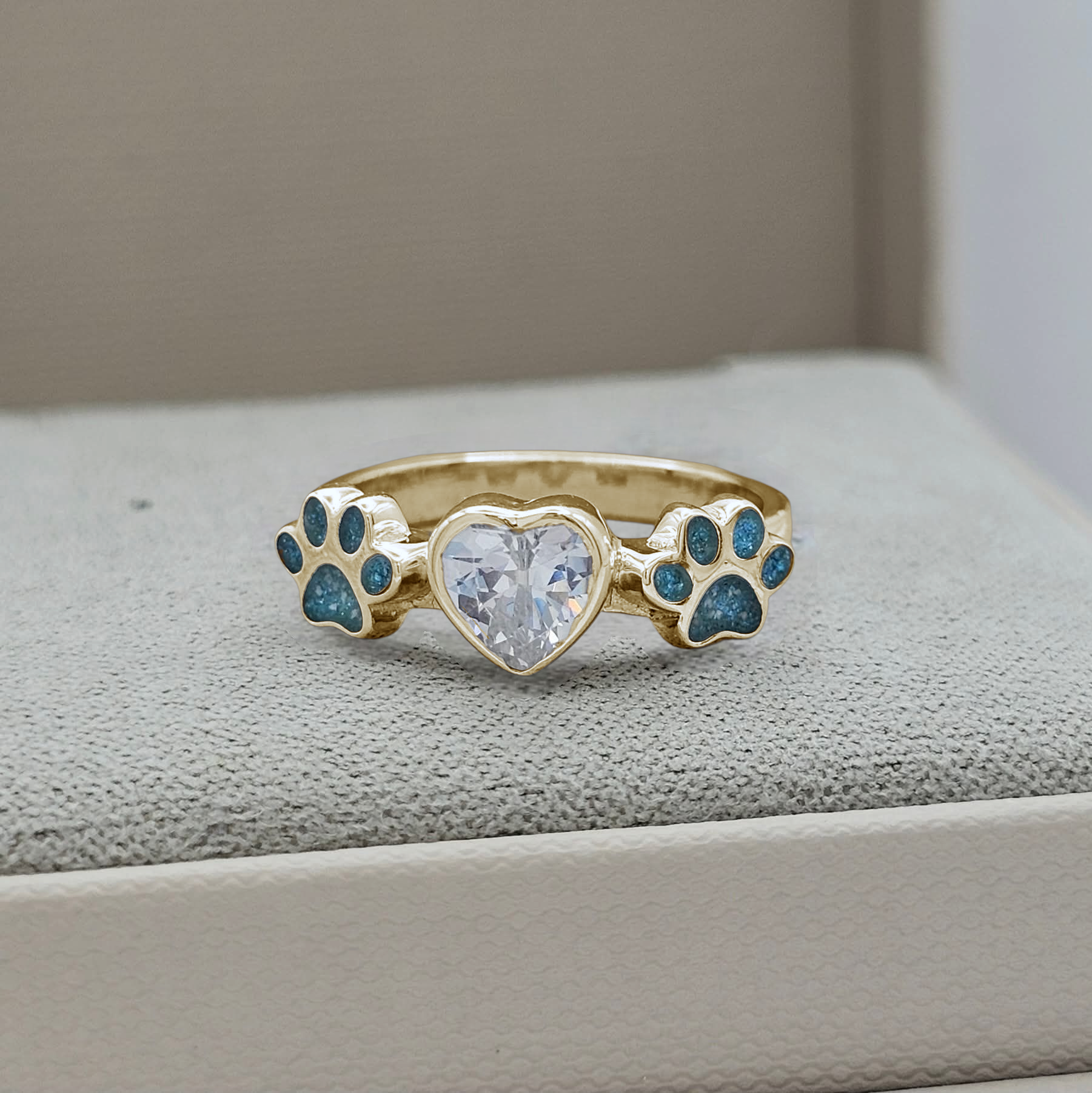  'Paws Prints On My Heart'  9ct Gold Crystal Heart Memorial Ring