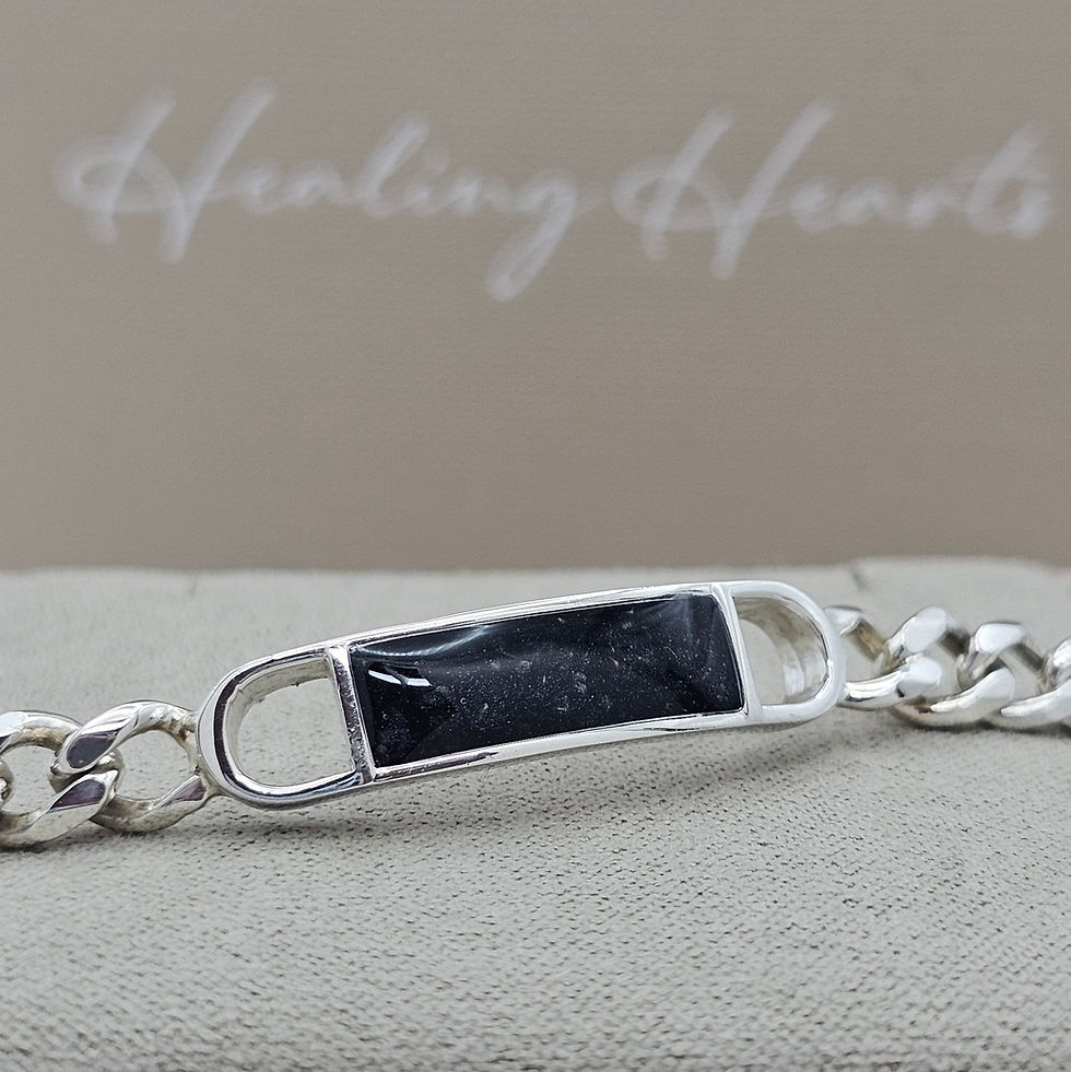 Men's curb bracelet in sterling silver, suitable for cremation ashes, hair or for use as a memorial keepsake.