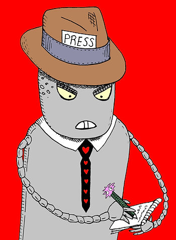 Sergeant Megatron 5000 dressed as a reporter with a hat and notepad
