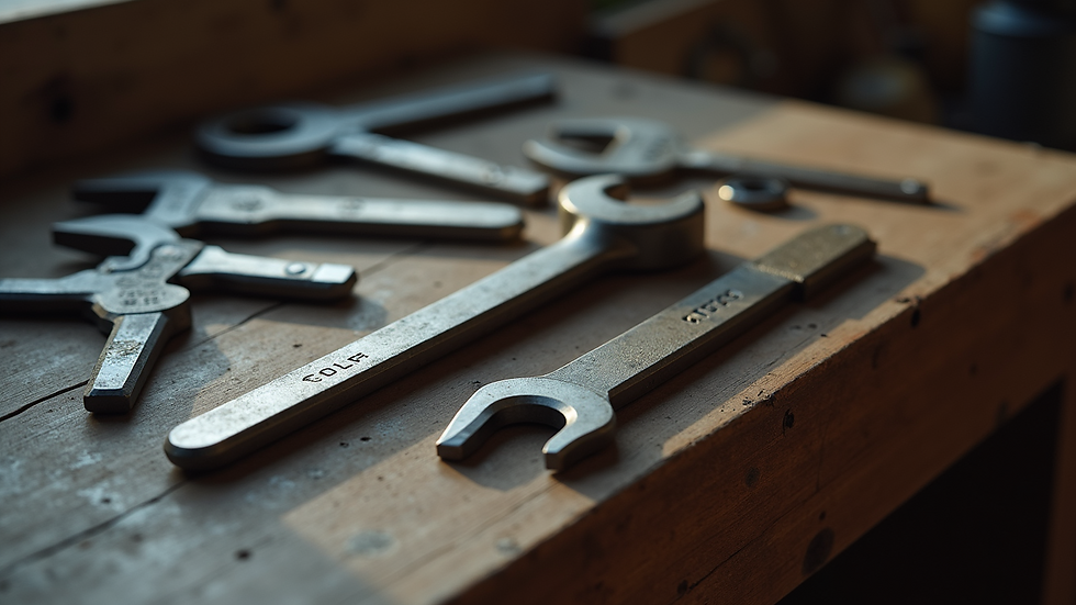 Close-up view of locksmith tools laid out on a workbench