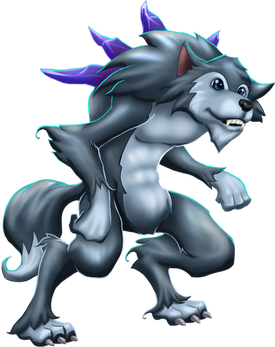 Big Friendly Werewolf, with purple streaks of gems protruding from its back.
