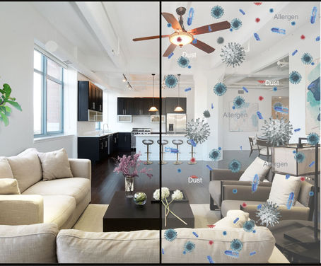 split screen showing percieved clean air vs a visualization of pollutants that are really present in the air