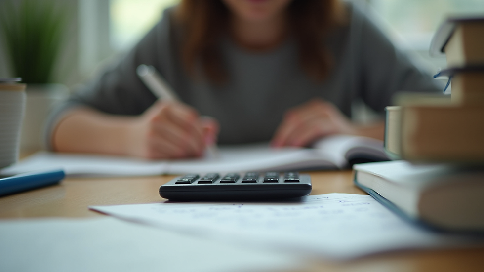 Eye-level view of a student studying math with books and a calculator