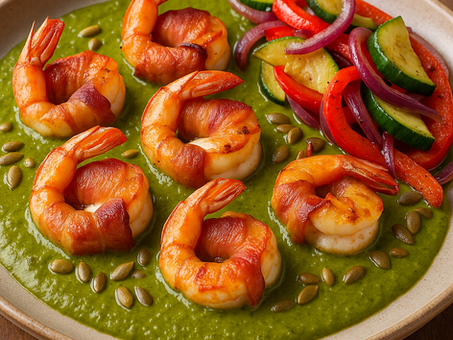 Juicy shrimp wrapped in bacon, filled with cream cheese, and drizzled with a silky green mole sauce alongside sautéed vegetables