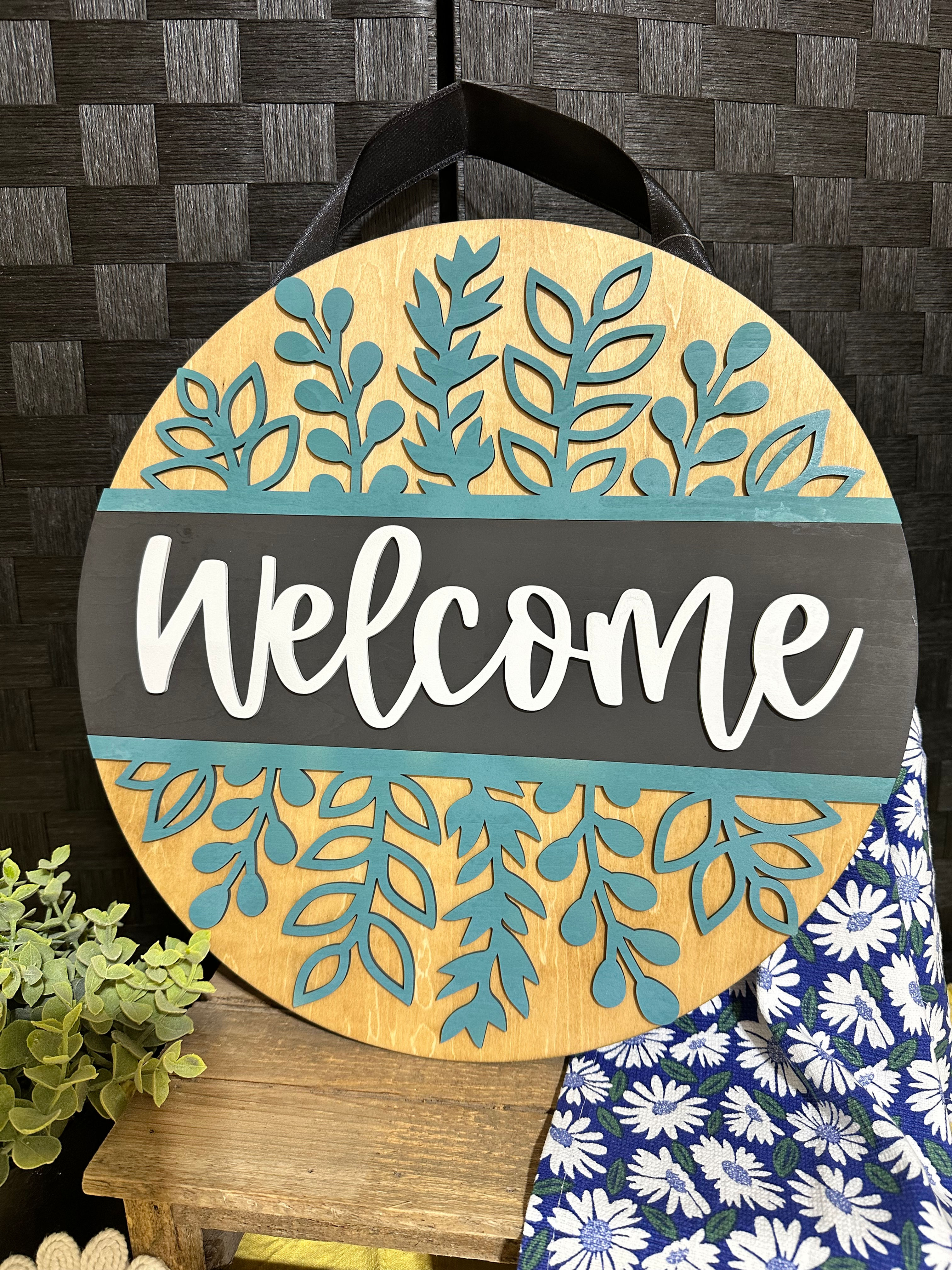 Teal Welcome Floral Sign