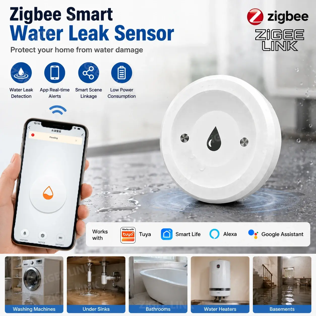 Zigbee Water Leakage Sensor Flood Overflow Security Detector APP Real-Time
