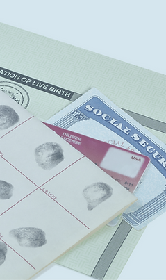 Passport, fingerprint card, driver's license, social security card and birth certificate i