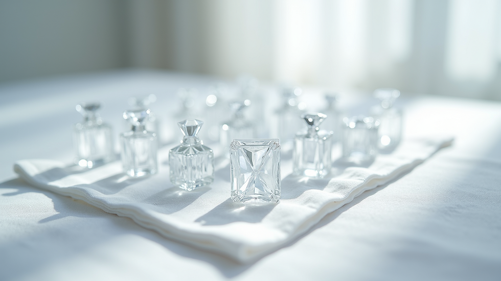 Eye-level view of a crystal grid arranged on a white cloth