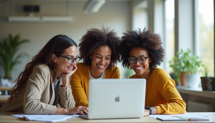 Eye-level view of nonprofit team collaborating around a laptop in a bright workspace