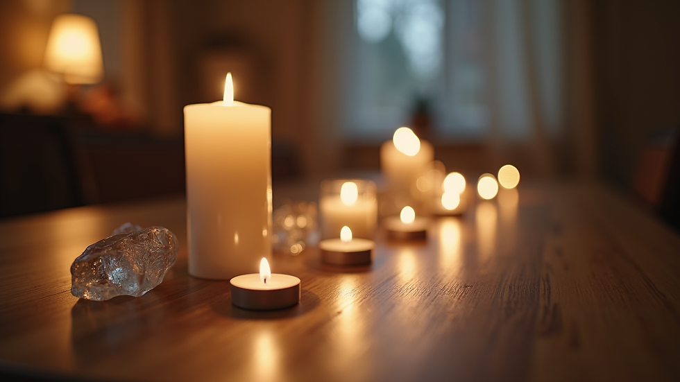 Eye-level view of a small wooden table with candles and crystals arranged neatly