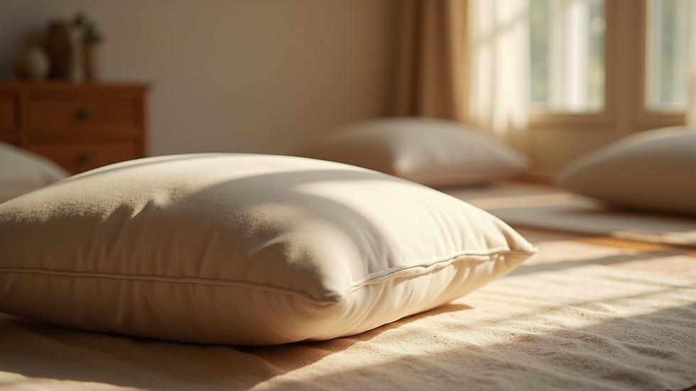 Eye-level view of a cozy room set up for a spiritual workshop with cushions and soft lighting