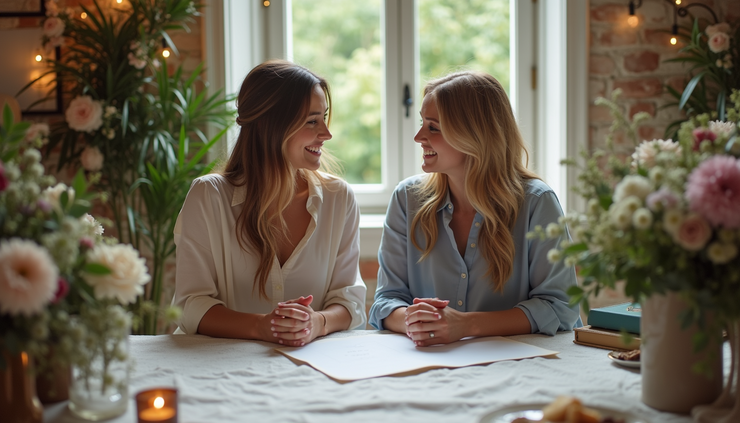 Eye-level view of a wedding vendor consultation with a couple reviewing options at a decorated table
