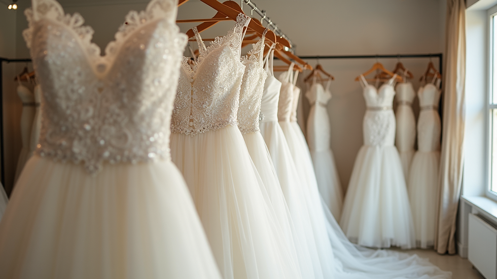 Eye-level view of a bridal boutique with elegant wedding dresses on display