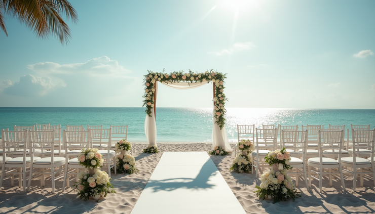 Eye-level view of a serene Florida beach with wedding decorations set up near the shoreline