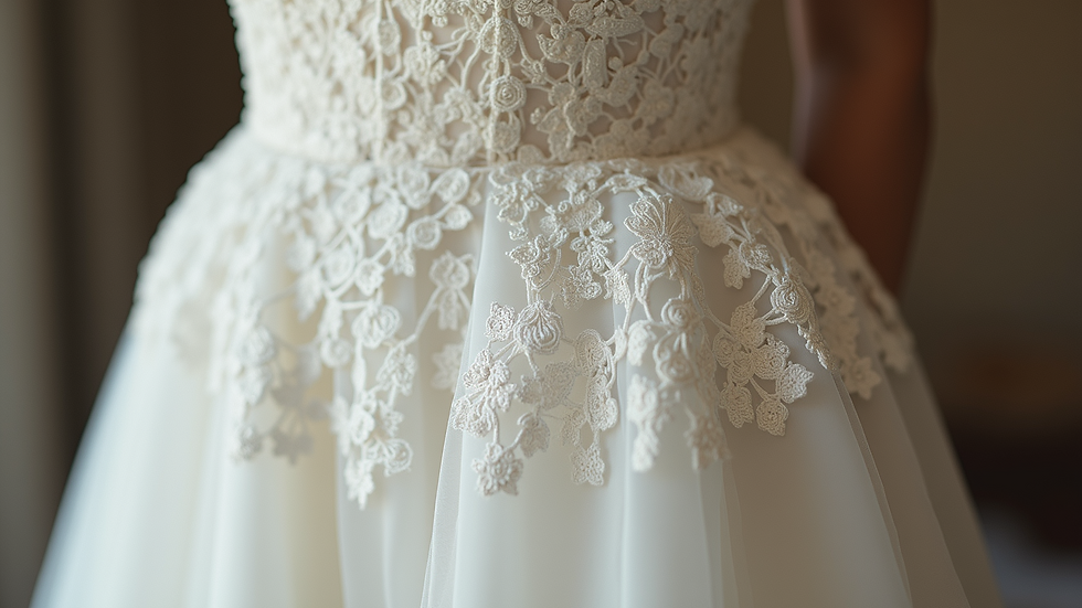Close-up view of a wedding dress with intricate lace details