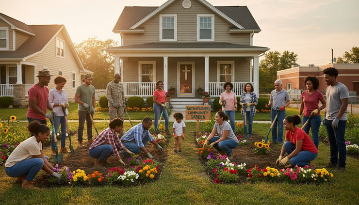 Wide-angle view of veterans, parents, grandparents, and young adults planting flowers outside a neighborhood home