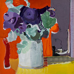 Zang Zong-Son, Orange Felt and Flowers, 2021, Acrylic gouache on wooden panel, 30 x 30 cm