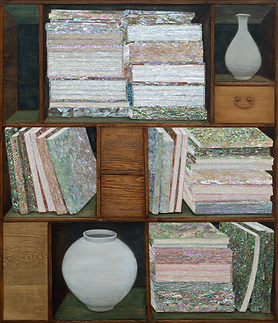 Kim Duck-Yong, Scholar's Accoutrement (1551030), 2020, Mother of pearl and mixed media on wood, 139 x 120 cm