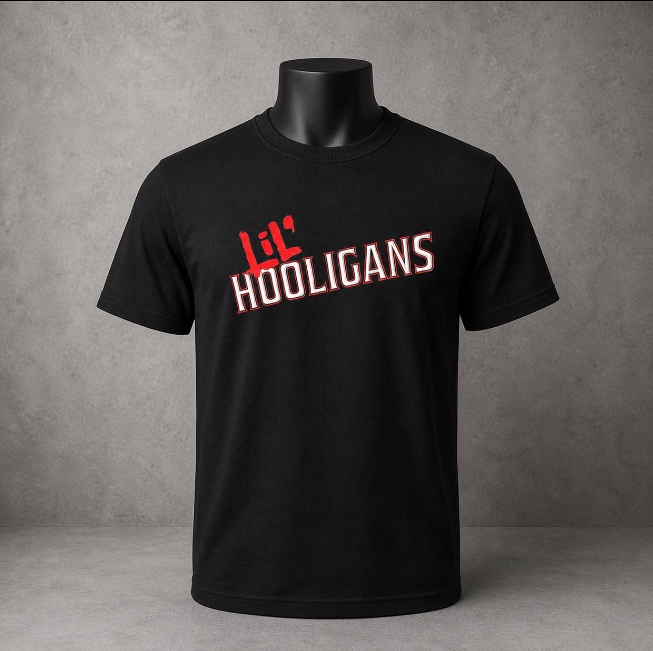 Lil' Hooligans black tee with red lettering