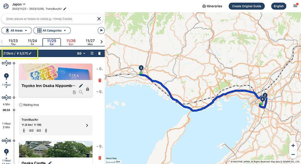 Captura de NAVITIME Japan Travel mostrando un itinerario diario en Japón con las rutas de transporte y el costo total estimado de los traslados del día.