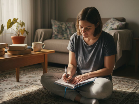 Vrouw noteert haar persoonlijke voornemens voor de retraite