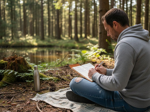 Een man zit rustig te schrijven in zijn dagboek, omringd door de stilte van het bos.