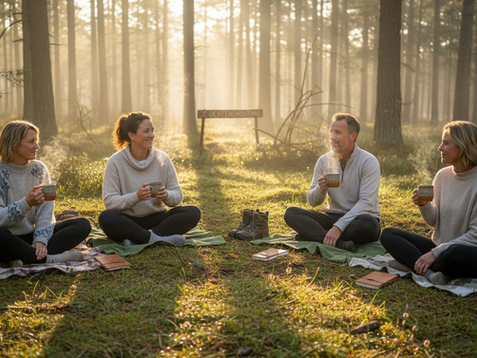 Een groep mensen geniet samen van de rust in de buitenlucht tijdens een ontspannen retraite bij zonsopkomst.