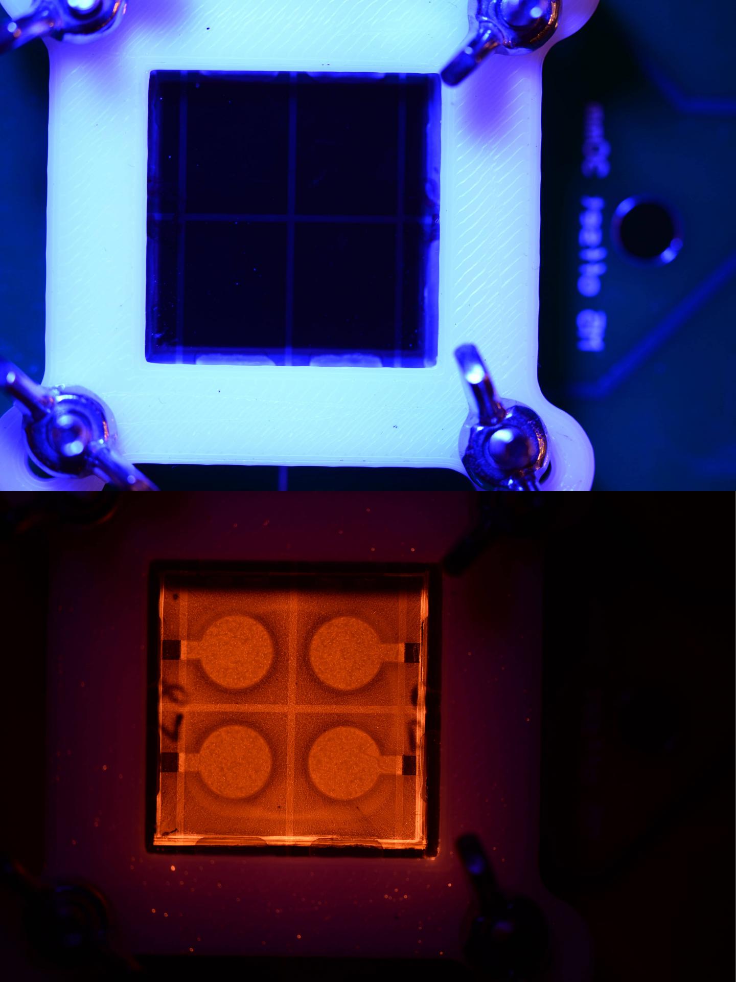 Perovskite solar cells bathed in blue light, and responding in infrared. @ Australia’s ARC Centre of Excellence in Exciton Science