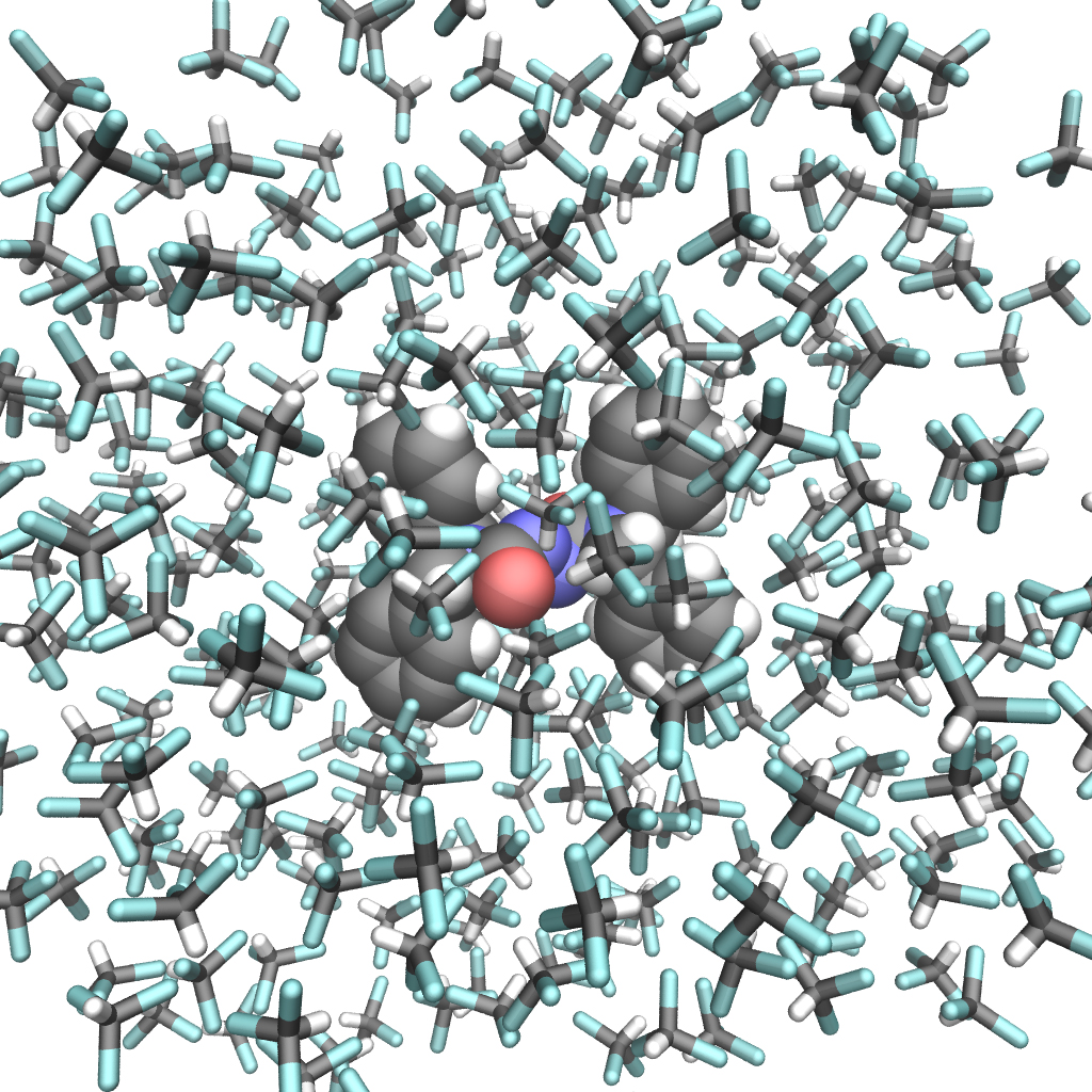 Molecular structure of the photo-responsive molecular switch (center) surrounded by solvent molecules. The scientists revealed a light-induced pedalo-type motion going forwards and backwards. The image is on the cover of the recent print edition of the journal. @ I. Conti et al. (2020), J. Phys. Chem. Lett., ACS