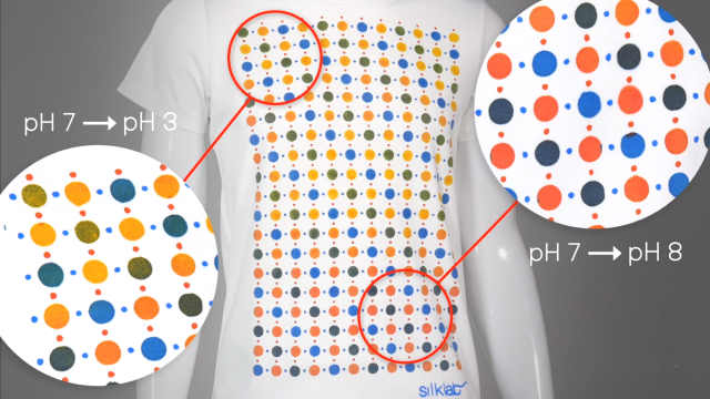 A T-shirt screen printed with pH sensitive bio-active inks can provide a map of pH response on the wearer. Variations of bio-active inks can detect other molecules released by the body, or in the surrounding environment @ Tufts University