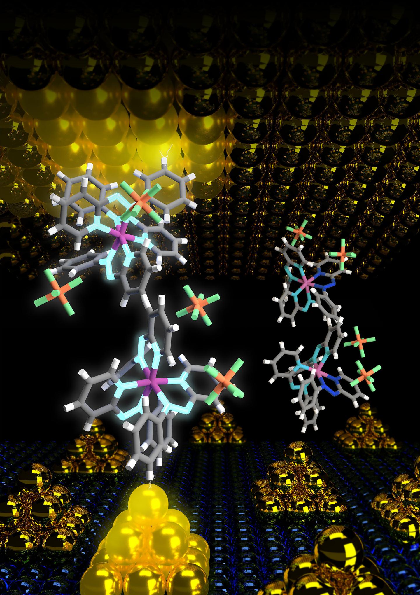 The device structure at a molecular level. The gold nanoparticles on the bottom electrode enhance the field enabling an ultra-low energy operation of the molecular device. @ Sreetosh Goswami, Sreebrata Goswami and Thirumalai Venky Venkatesan