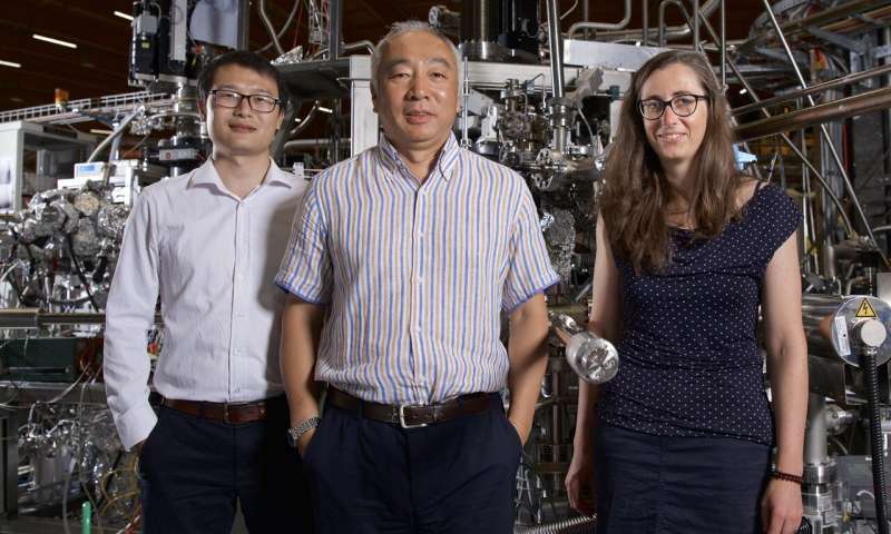 The 3 PSI researchers Junzhang Ma, Ming Shi and Jasmin Jandke (from left to right) at the Swiss Light Source SLS, where they succeeded in proving the existence of Weyl fermions in paramagnetic material. @Paul Scherrer Institute/Markus Fischer