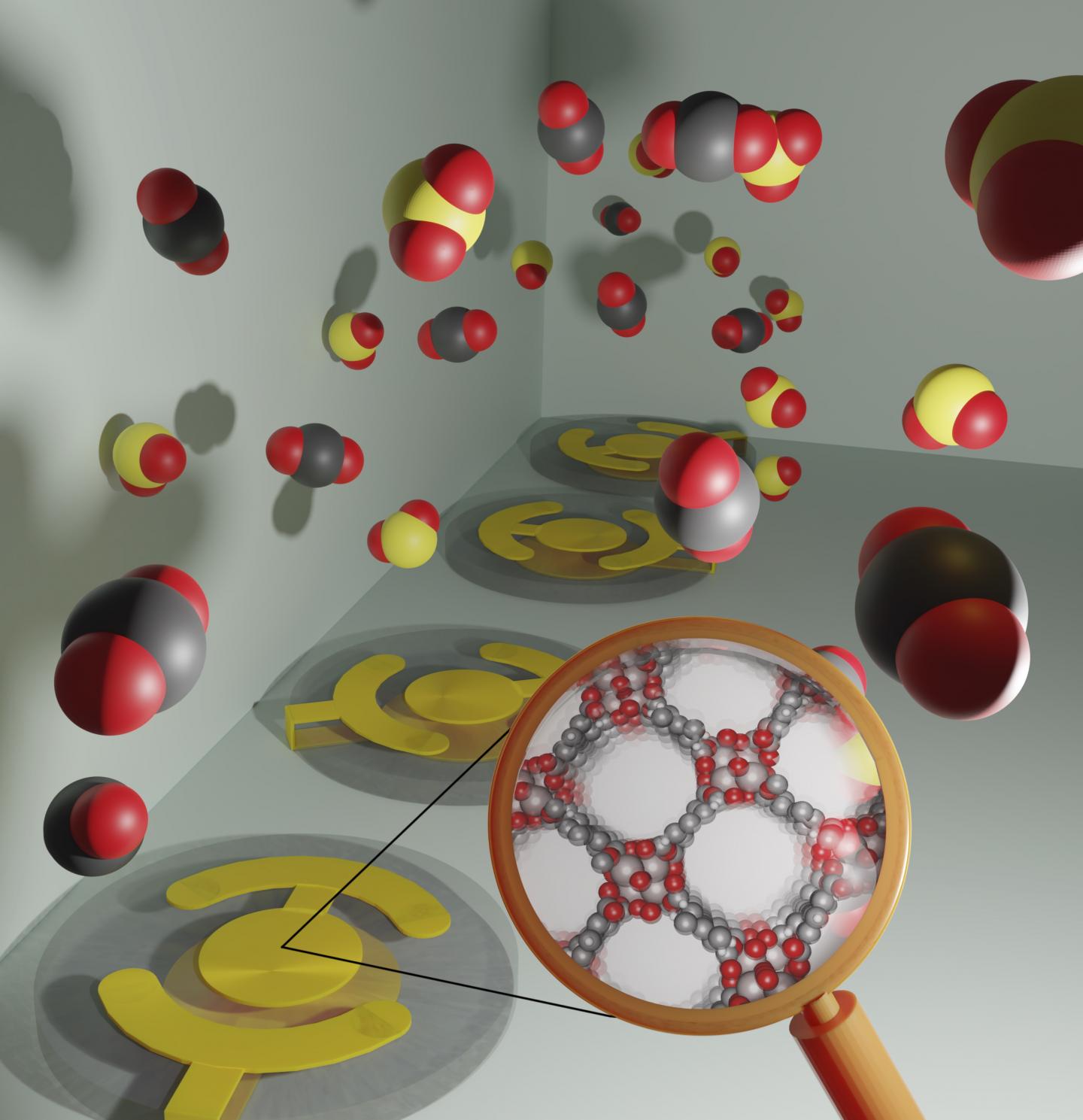 Depiction of a gas sensor array composed of microscale balances coated with thin films of nanoporous materials called metal-organic frameworks. @ Arni Sturluson, Melanie Huynh, OSU College of Engineering