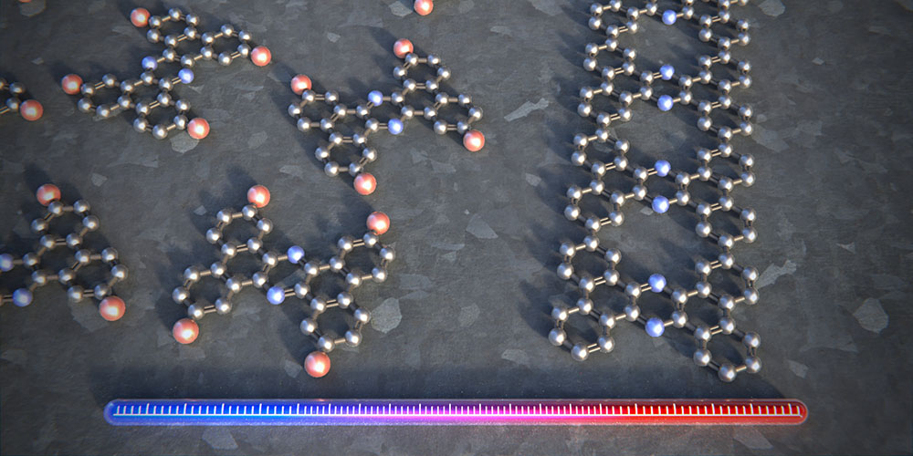The individual building blocks are heated on a silver surface in order to synthesize a porous graphene ribbon that exhibits semiconducting properties and a ladder-like structure. In each rung of the ladder, two carbon atoms have been replaced with nitrogen atoms (blue). @ University of Basel, Department of Physics